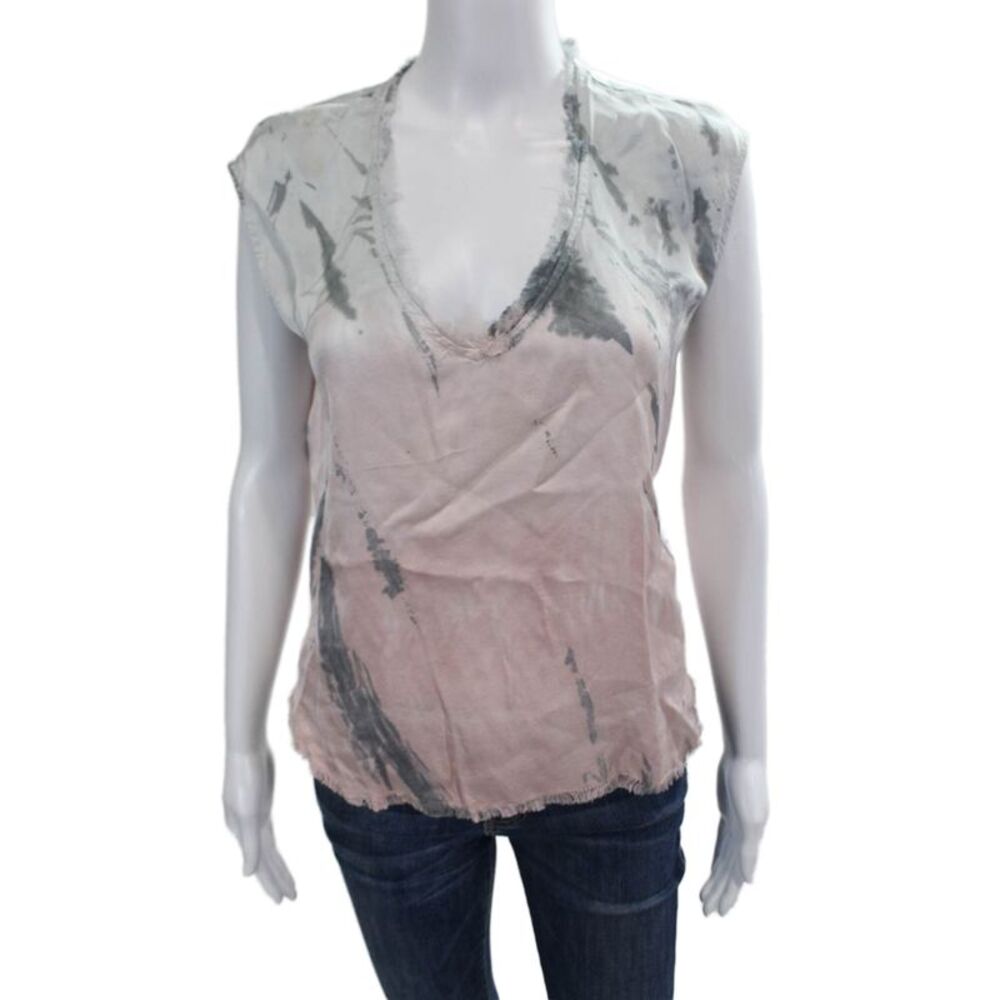 Decker Women's V-Neck Sleeveless Tie Dye Fringe Hem Blouse Pink Size S
